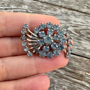Vintage Blue Rhinestone Brooch, 1960s Silver Tone Pin